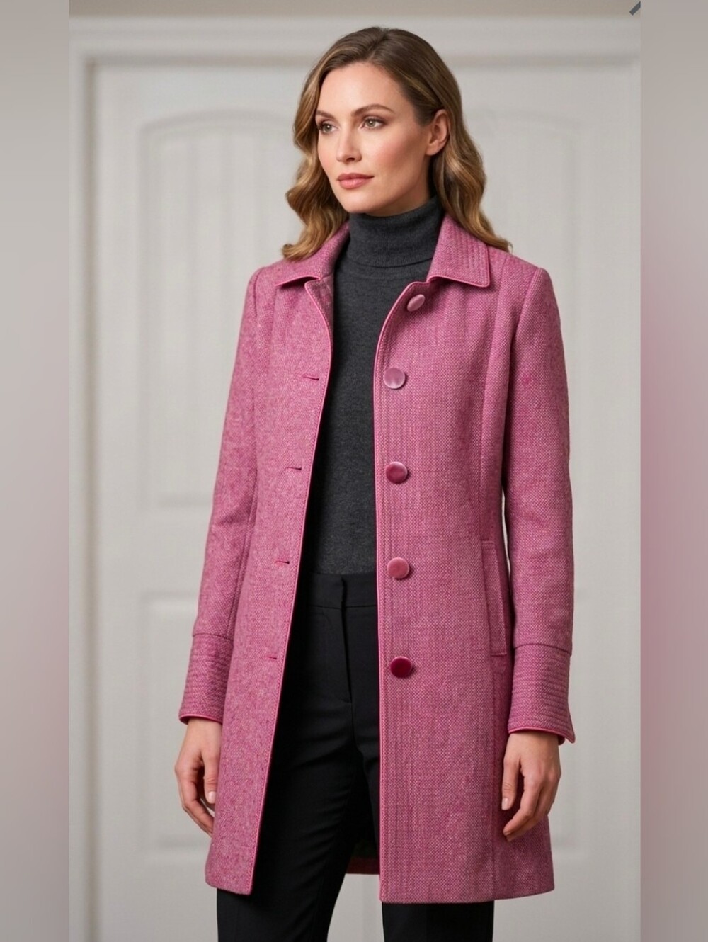 Janet Egan Design Pink Wool Herringbone Tweed Coat Velvet Buttons XS